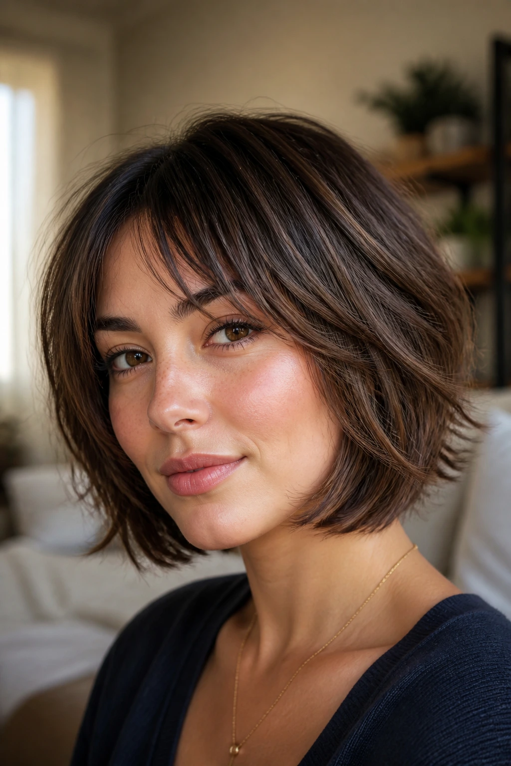 Close-up of a real person with a soft-volume shaggy bob framing the jawline in a cozy bedroom setting