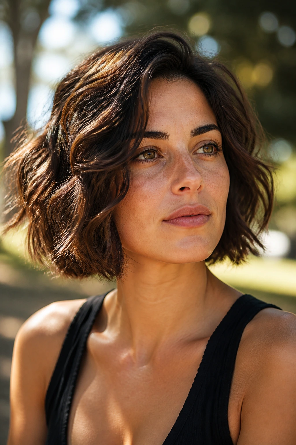 Close-up portrait of a real woman with soft-wave textured bob