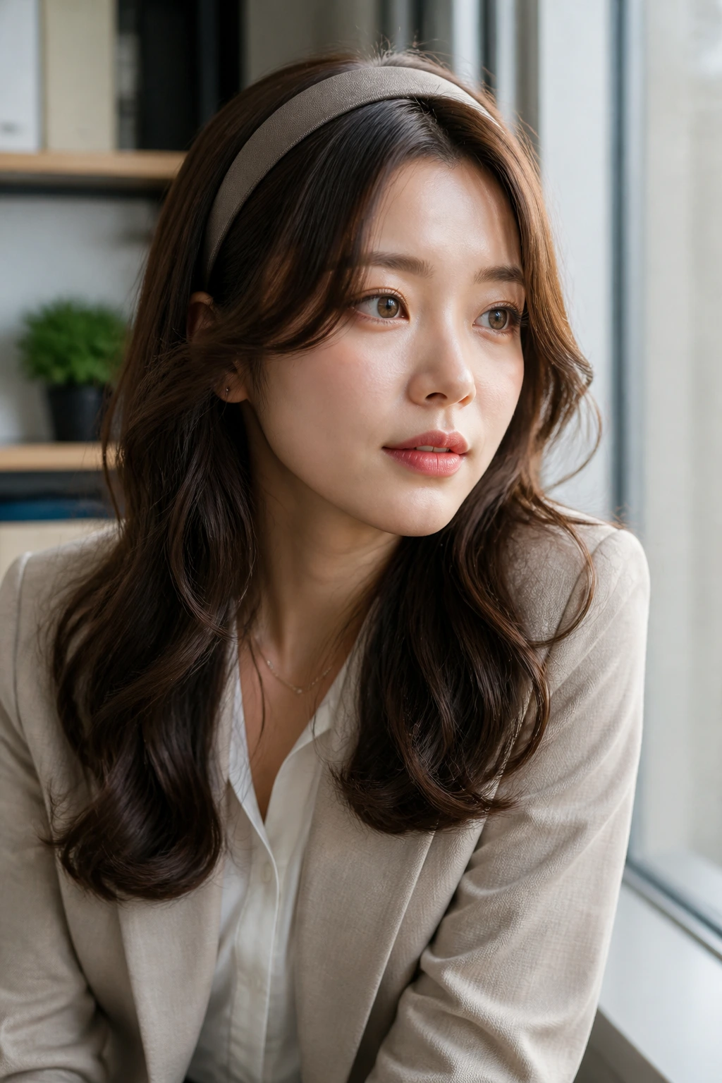 Close-up portrait of a real woman with soft waves and headband in a workspace