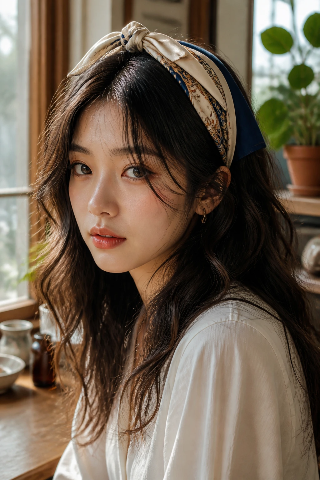 Close-up of a real woman with loose waves and silk scarf in a sunlit cafe