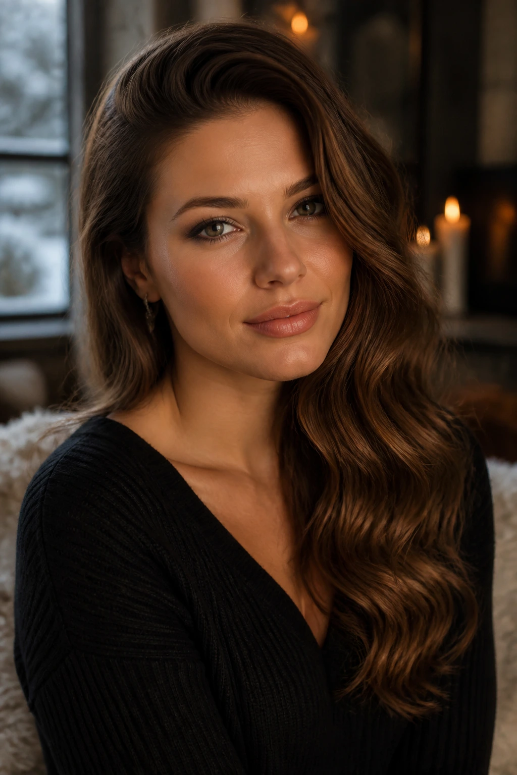 Close-up of a woman with deep side-swept waves cascading over one shoulder