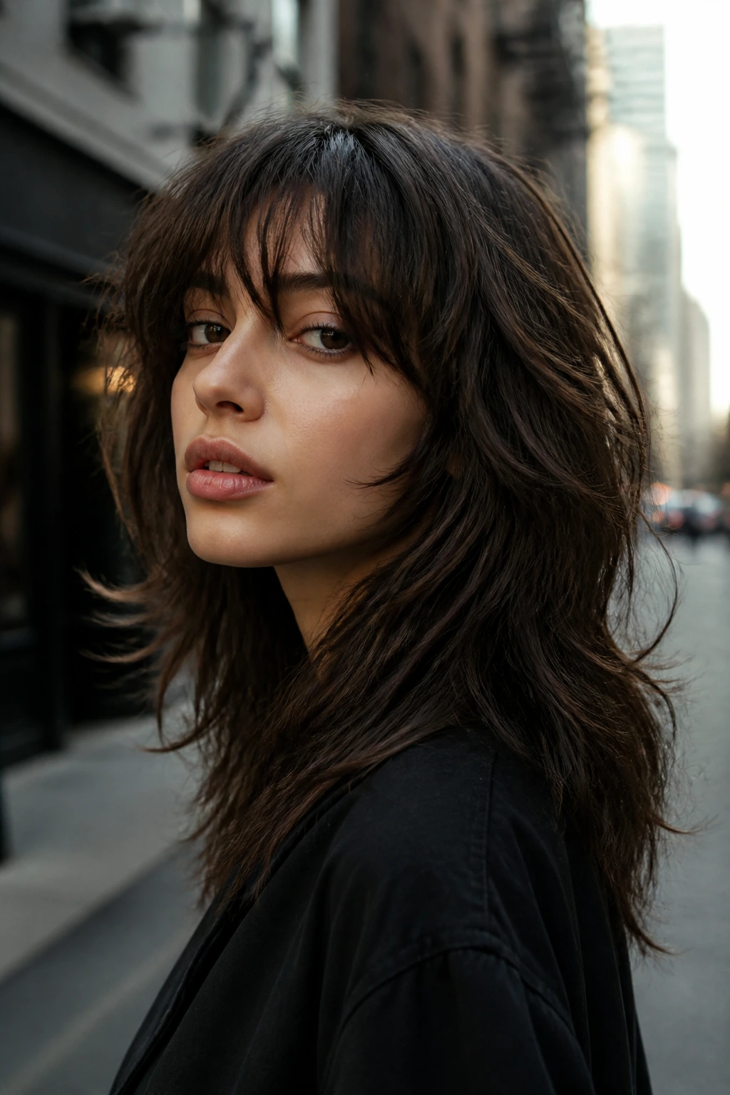 Close-up portrait of a real woman with a soft wolf cut featuring shorter top layers and longer bottom