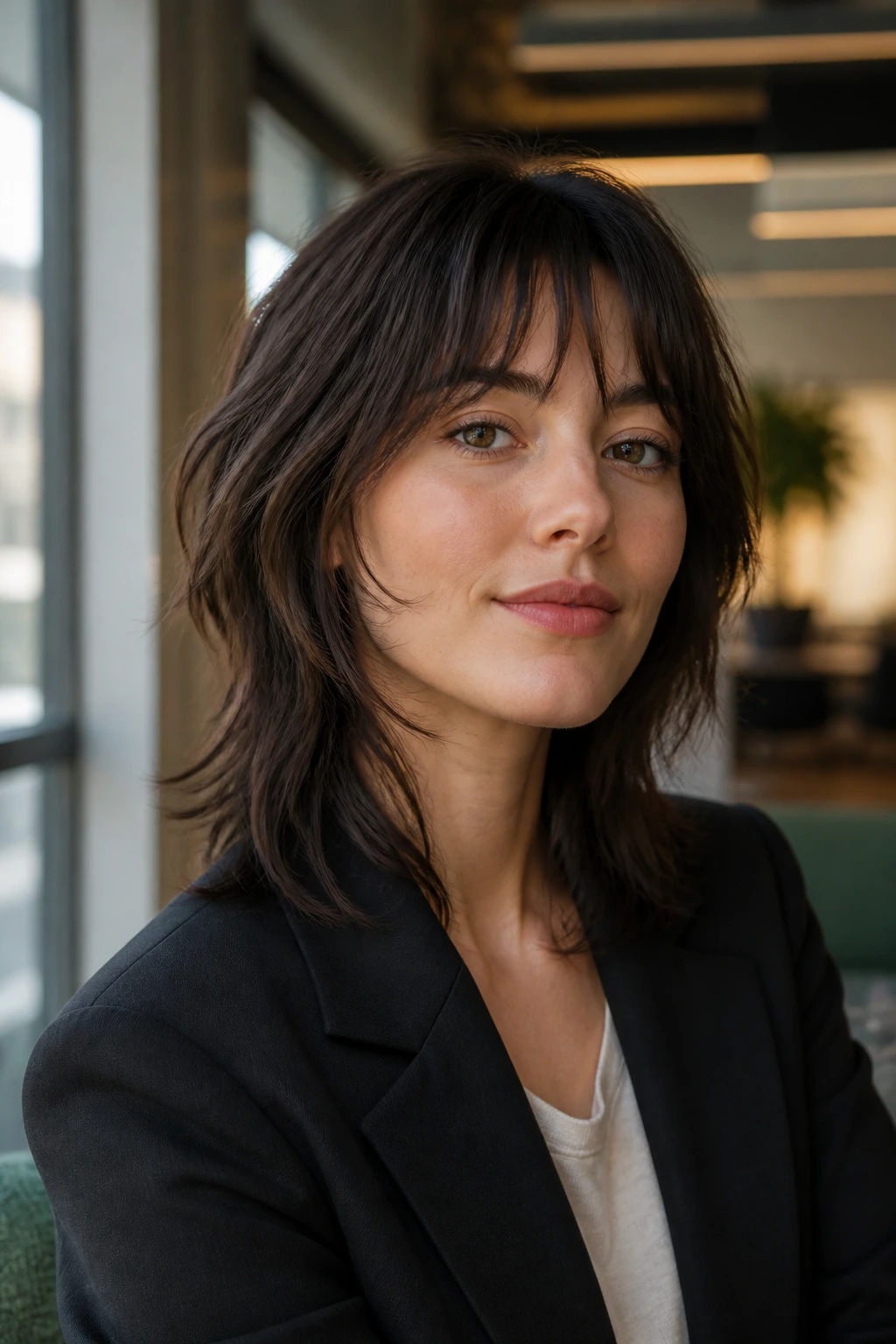 Close-up portrait of a real woman with a soft wolf cut in an office setting.