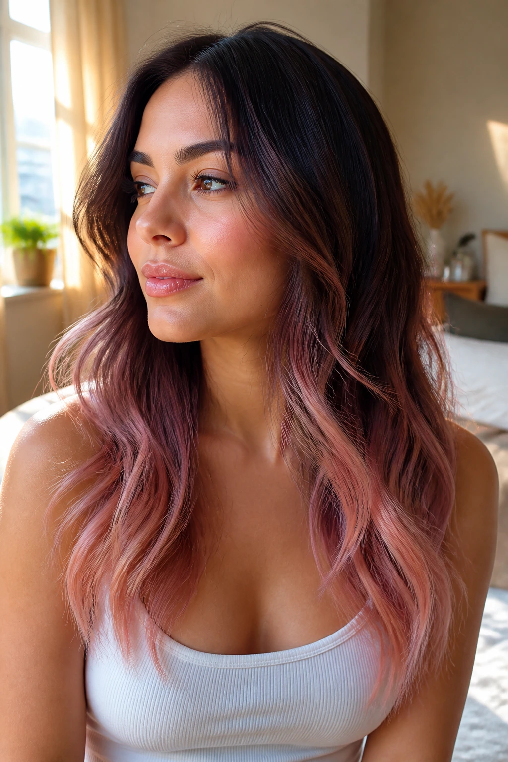 Close-up portrait of a real woman with soft blush ombre on the ends