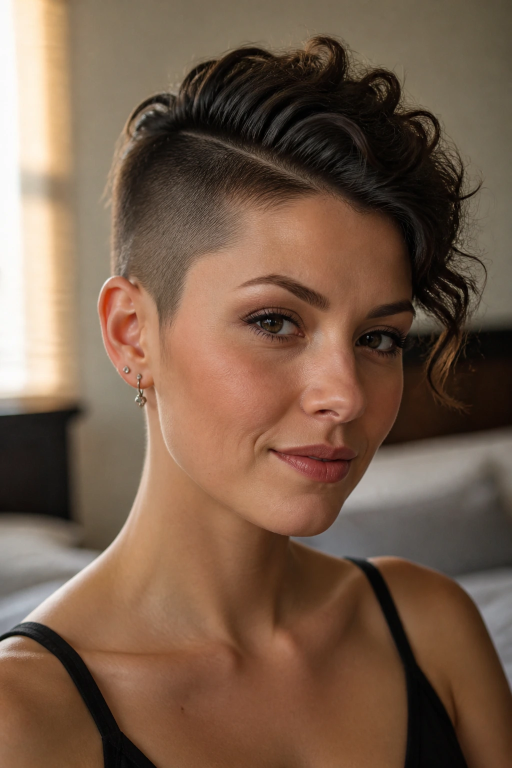 Close-up portrait of a real woman with a softened faux hawk and side-swept curls for a date-night look