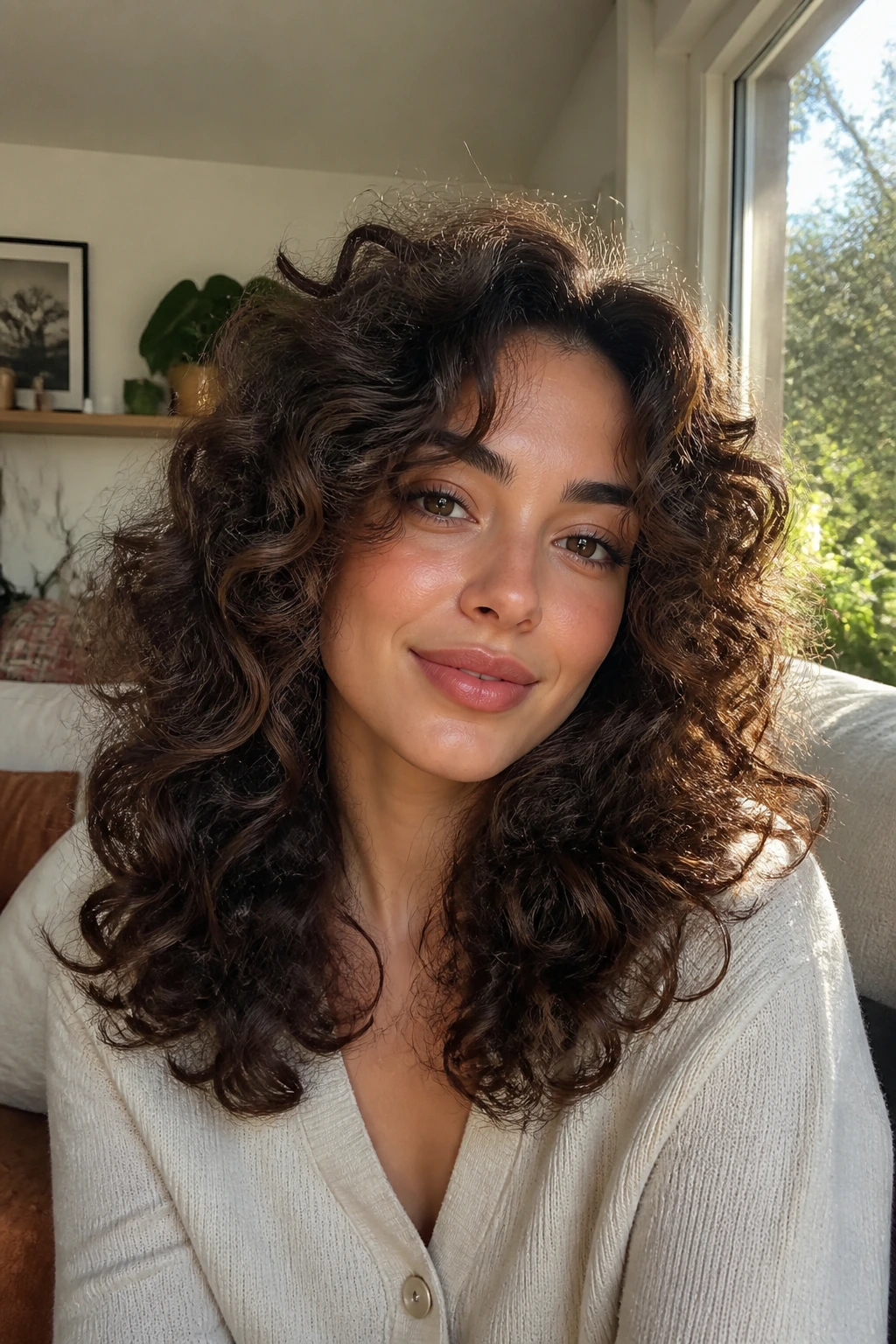 Close-up of a real person with dense curly hair and softened layers