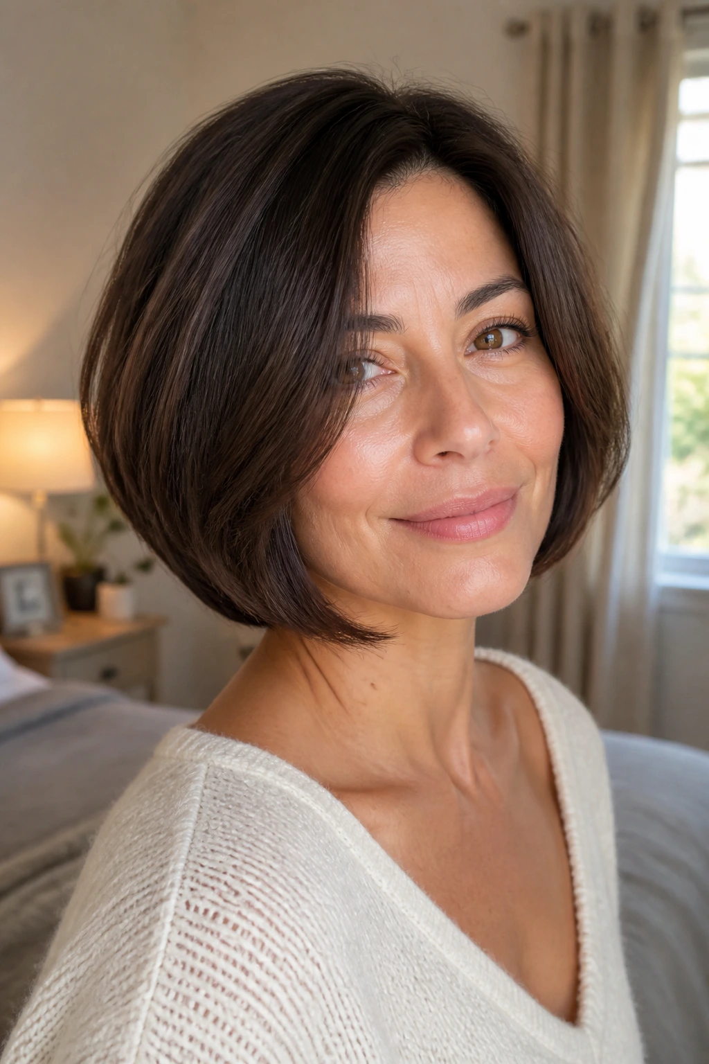 Brunette with softly layered rounded bob and subtle inward curl.