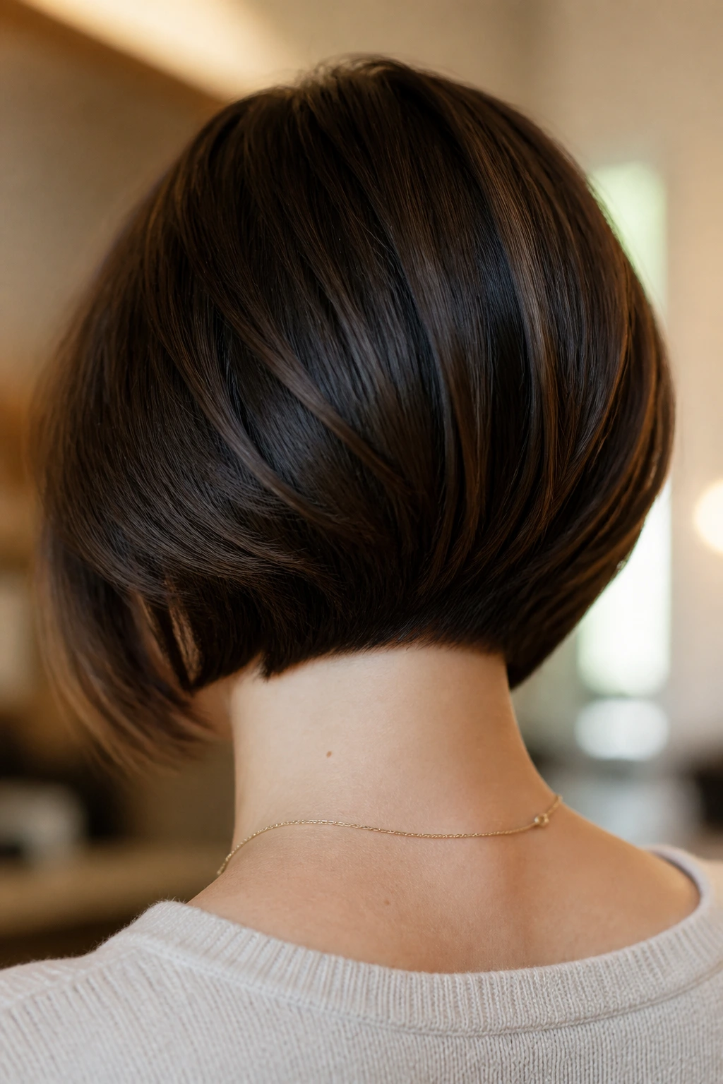 Back view of real woman with softly rounded nape and beveled ends