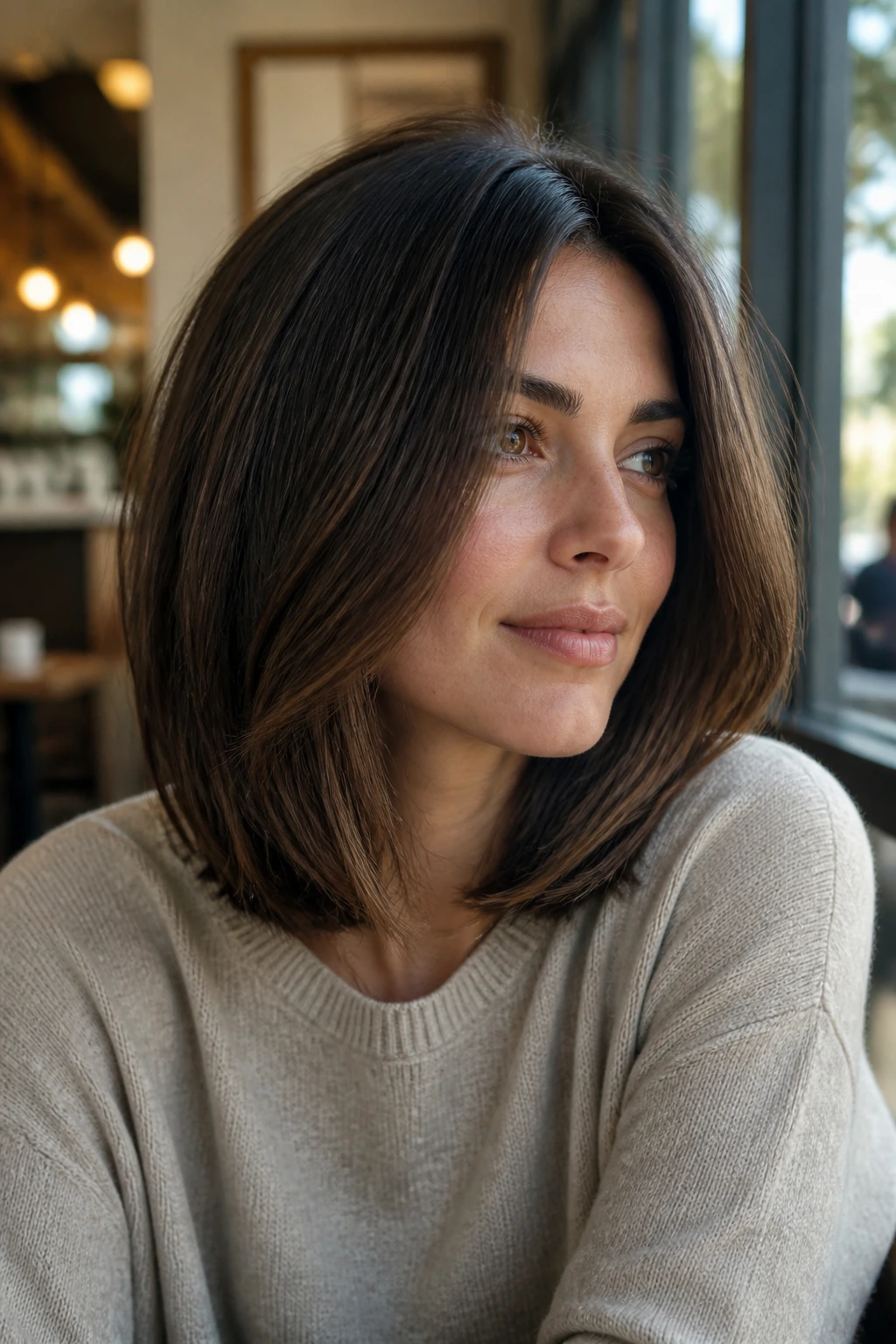 Close-up portrait of a woman with a softly tapered lob hairstyle