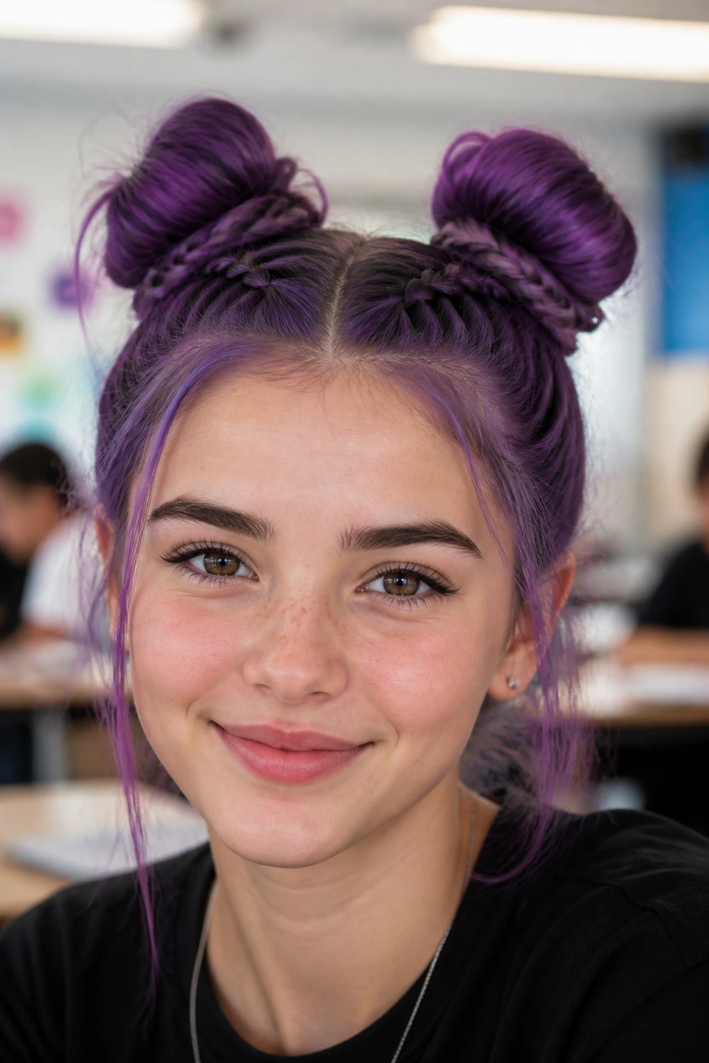Close-up of a real woman with amethyst hair styled in space buns with braided bases