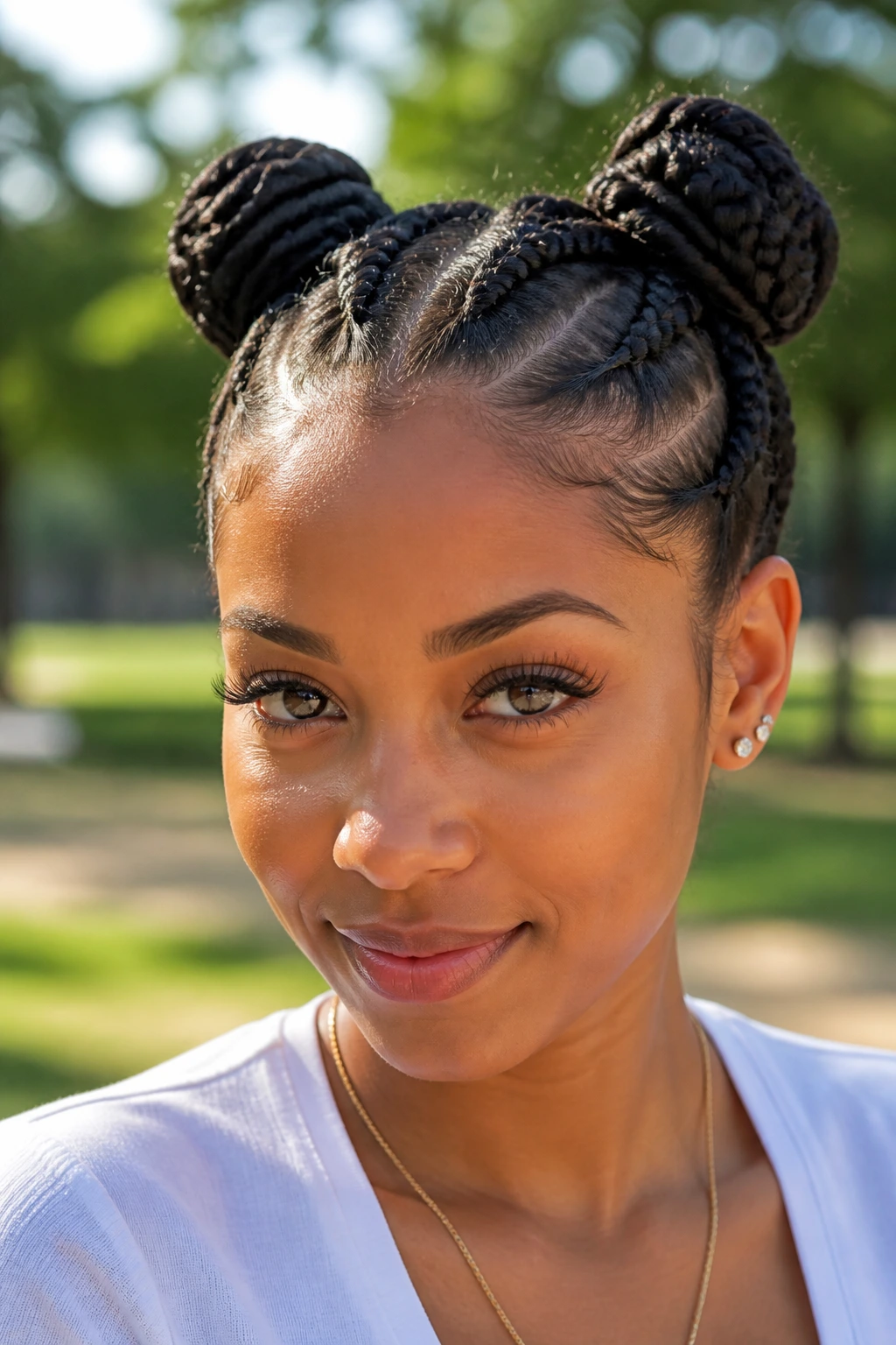 Real person with two high braided space buns in natural light