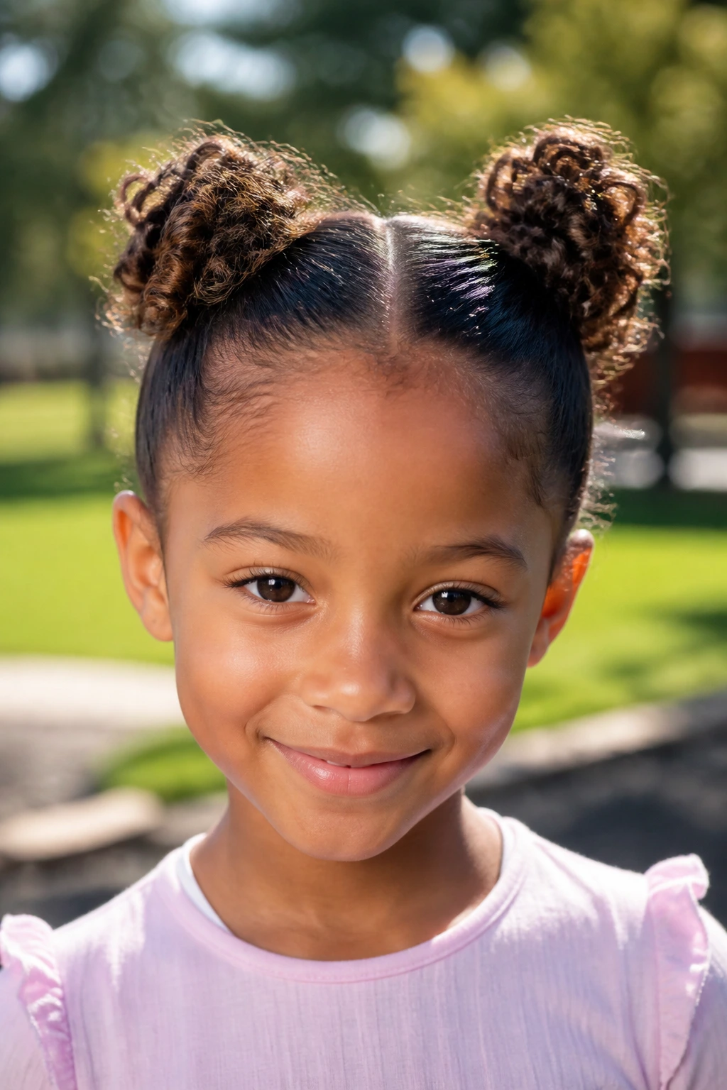 Close-up of a child with double space buns in outdoor daylight