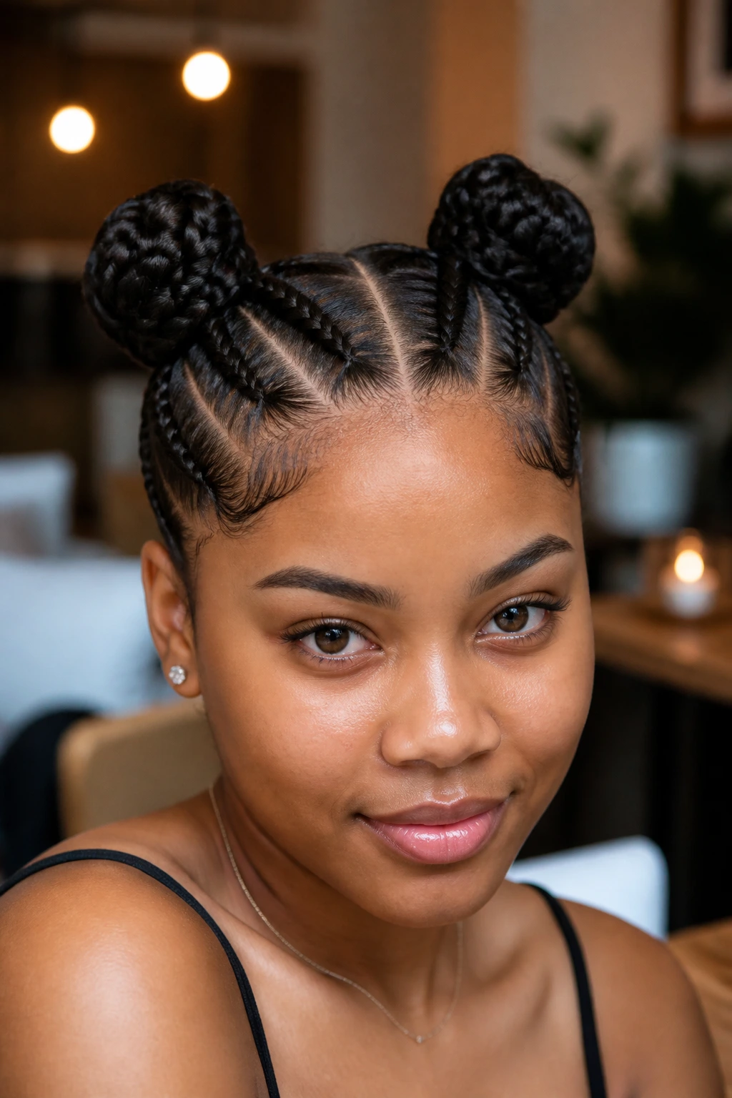 Close-up of two space buns formed from four cornrows on a real person