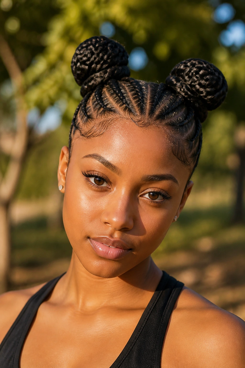 Portrait of a woman with double braided space buns outdoors