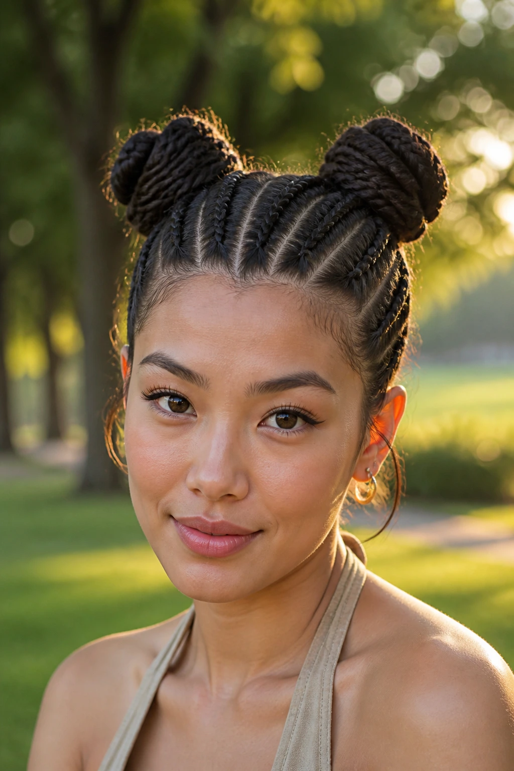 Real person with two high space buns made from cornrows