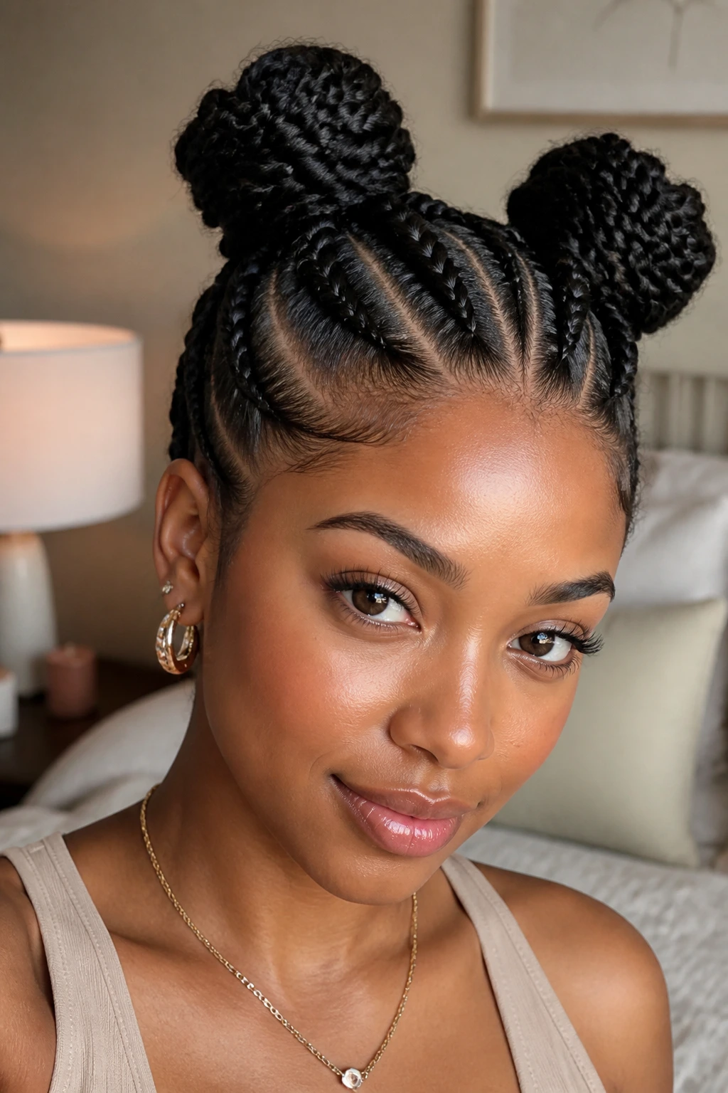 Close-up of space buns with cornrows on a real person.