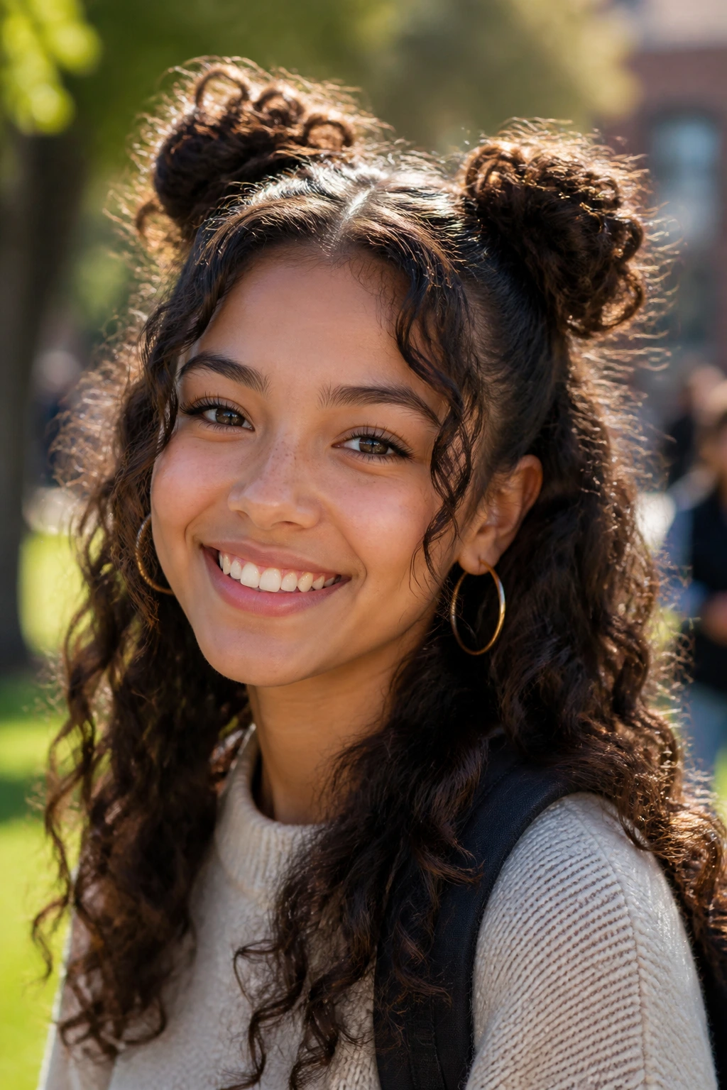Close-up of a real student with space buns and loose curls in a sunny outdoor setting.