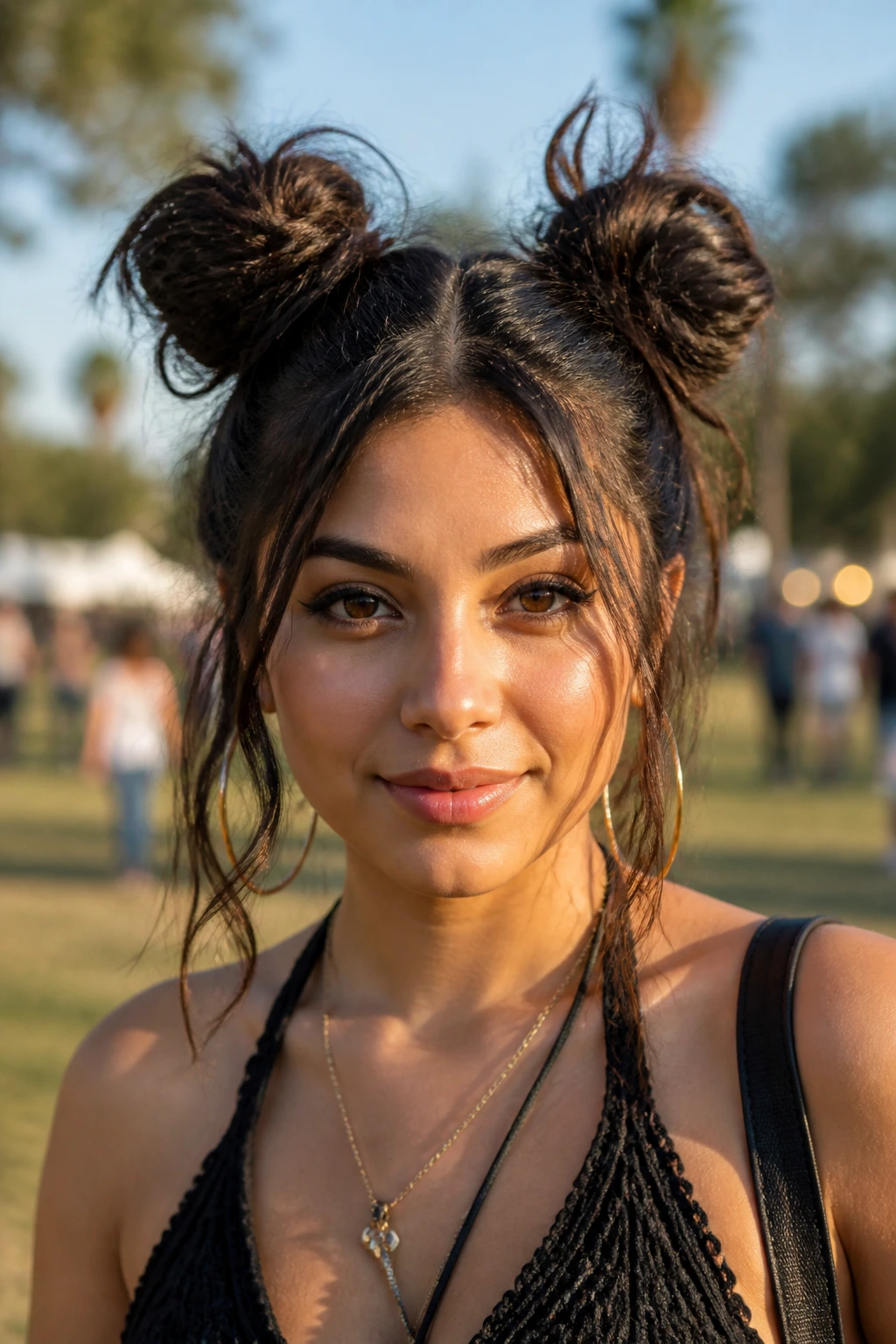 Close-up of a real woman with two messy space buns on top for a festival vibe.