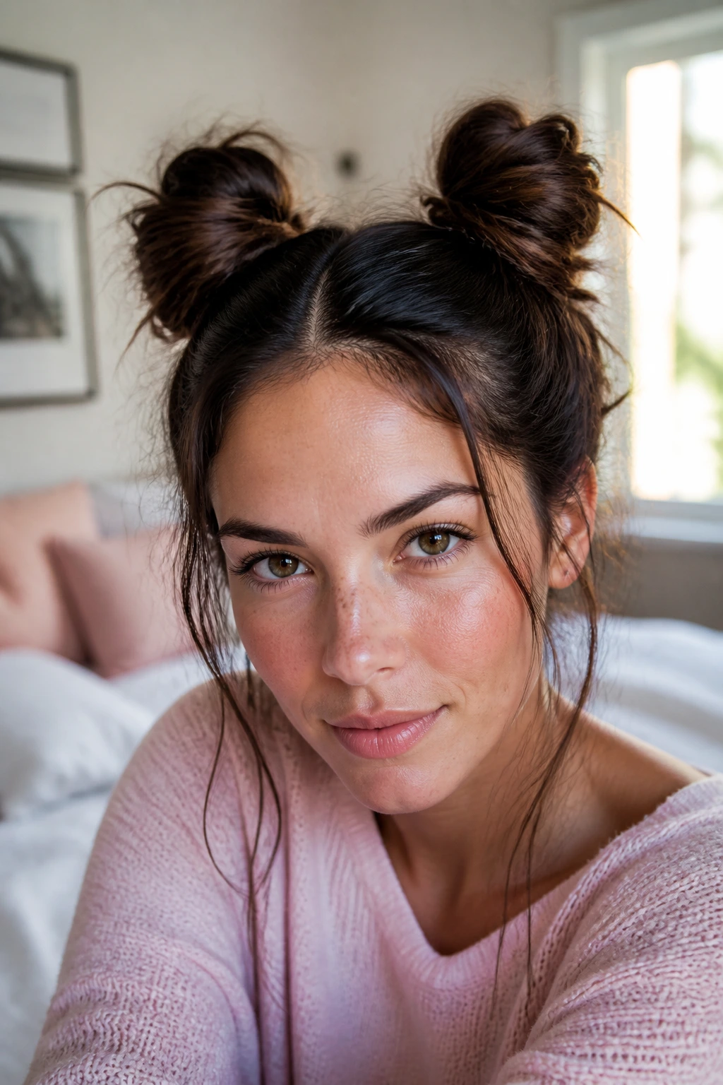 Close-up of a real woman with double space buns hairstyle