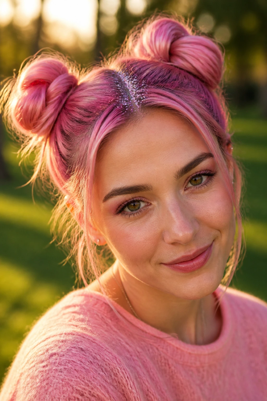 Close-up of real person with two space buns and glitter roots in golden hour light