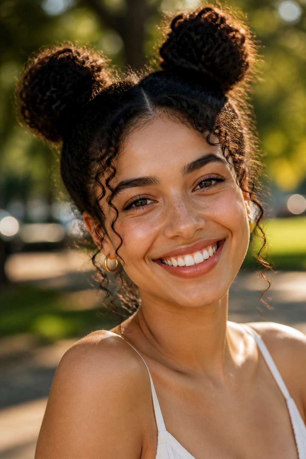 Close-up of a real woman with two space buns and face-framing curls
