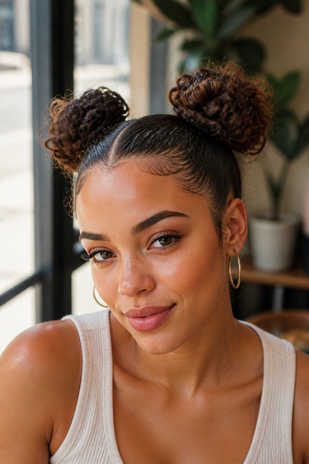 Real woman with two space buns in a bright cafe setting