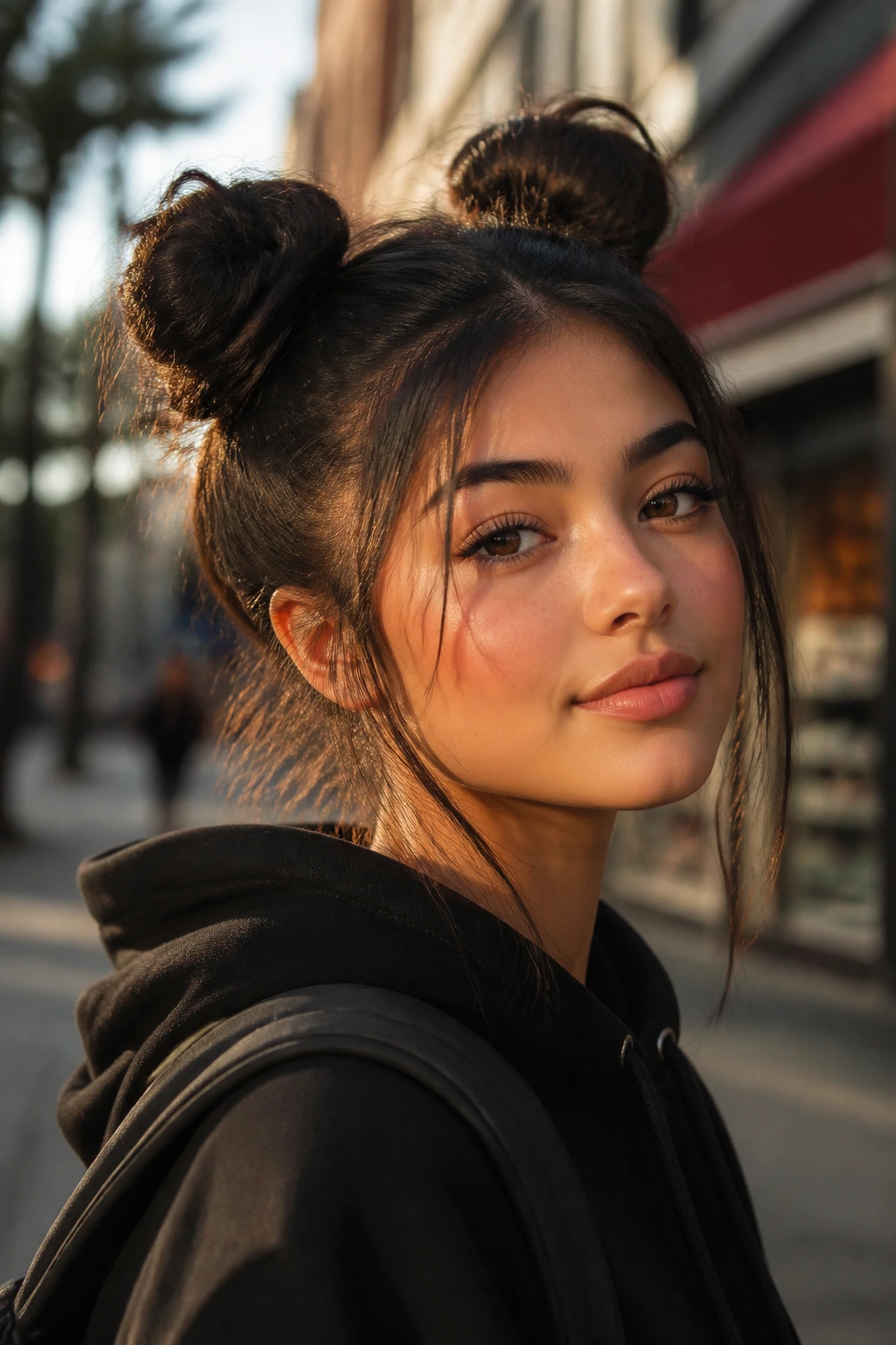Close-up portrait of a real person wearing space buns with loose strands on an urban street