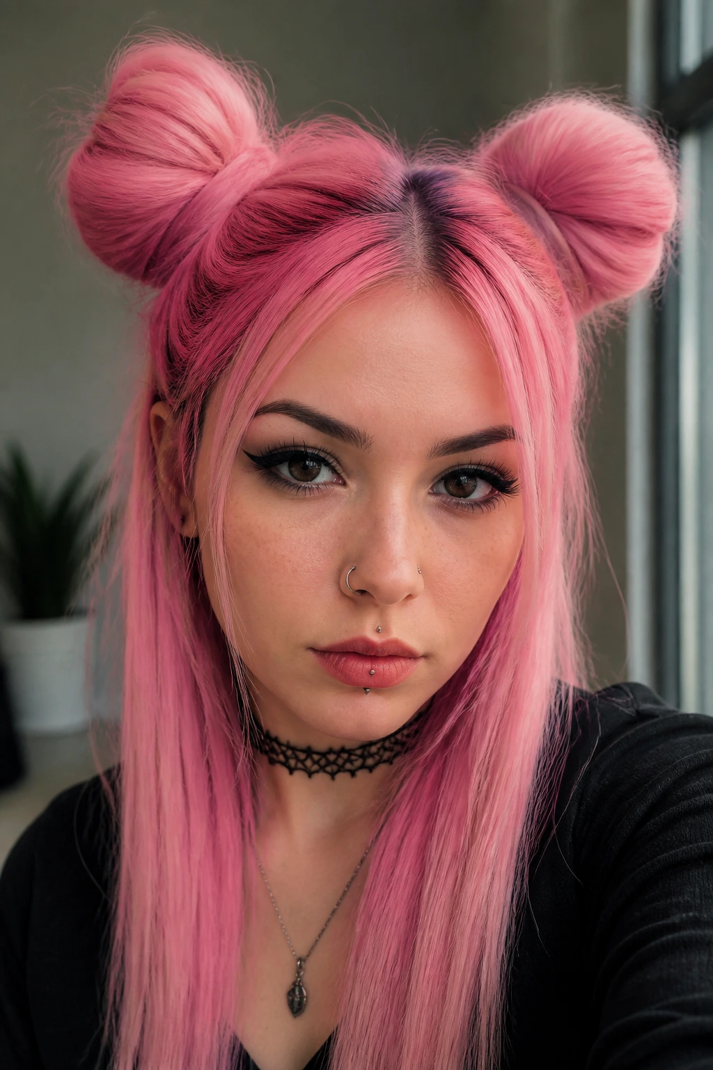 Portrait with double space buns in pink hair