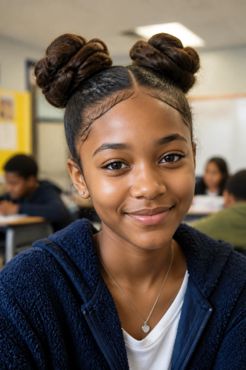 Close-up of a real student wearing space buns, bright environment.