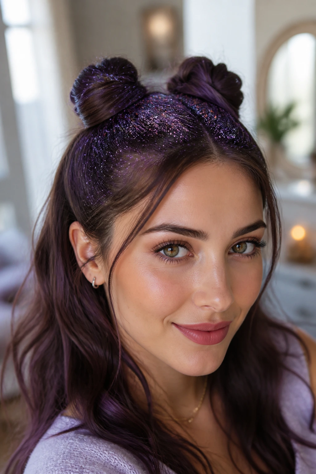 Close-up of a woman with half-up space buns and shimmering hair leading to buns