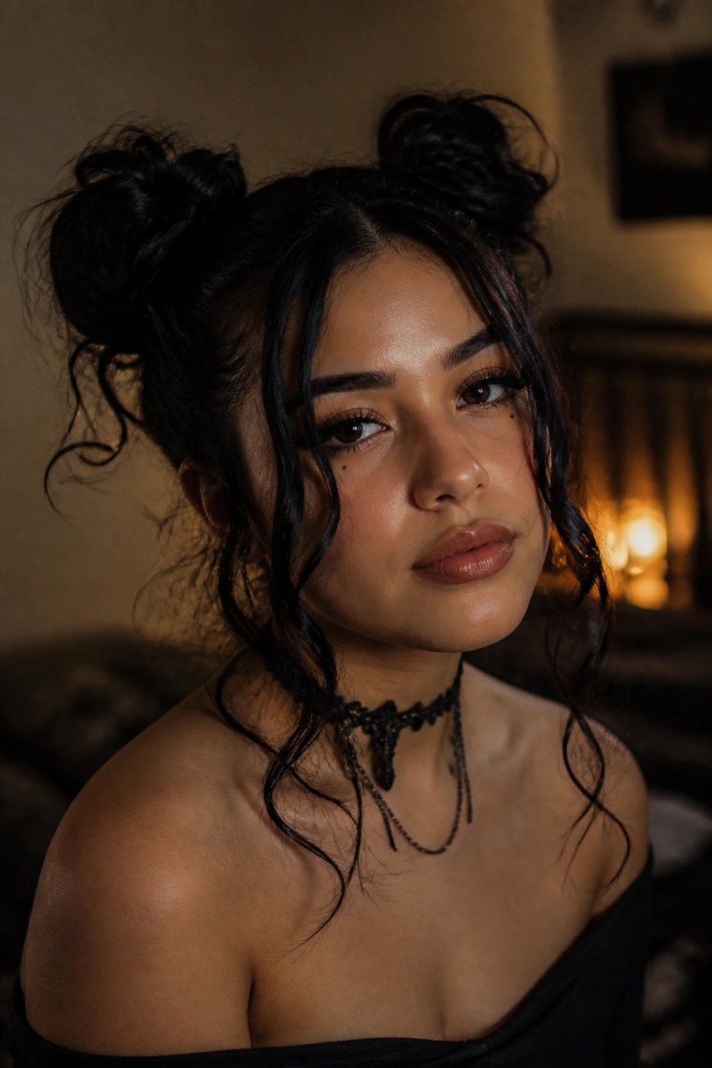 Close-up of a real Latina woman with messy space buns and tendrils in a moody bedroom