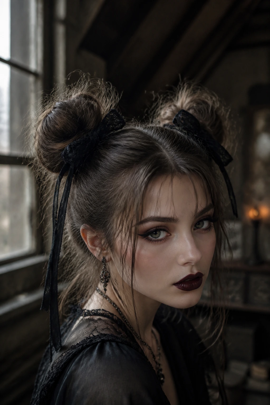 Close-up of a real person with textured space buns and ribbons in a moody gothic attic