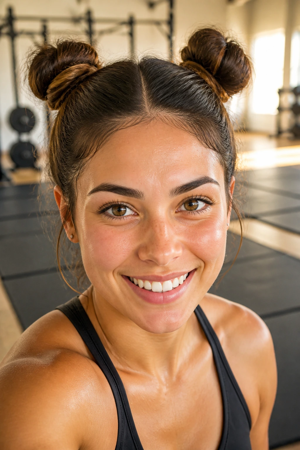 Front view of a real woman with two space buns during a workout