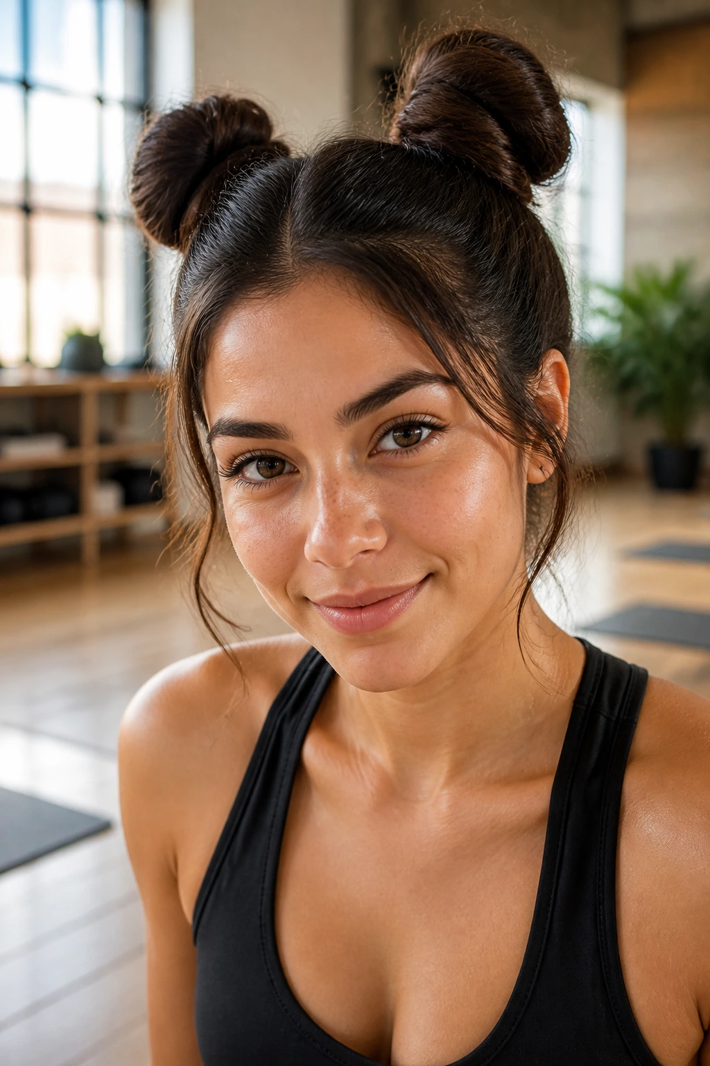 Close-up of a woman with space buns in workout setting
