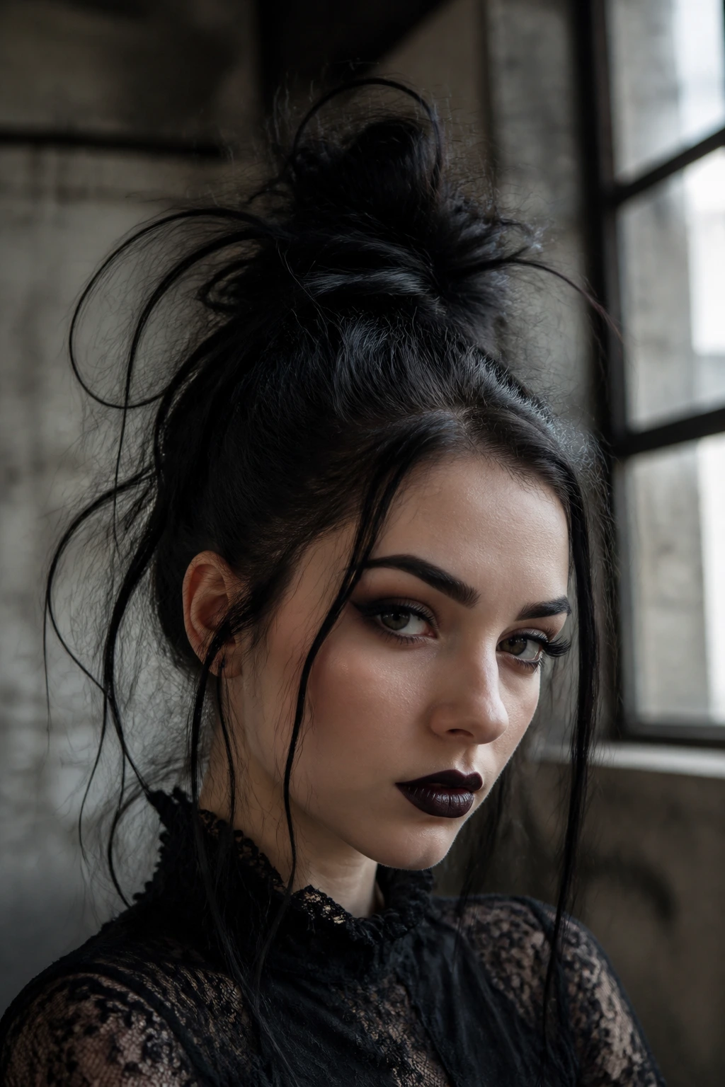 Real woman with a high top-knot and spider-leg wisps in moody natural light.