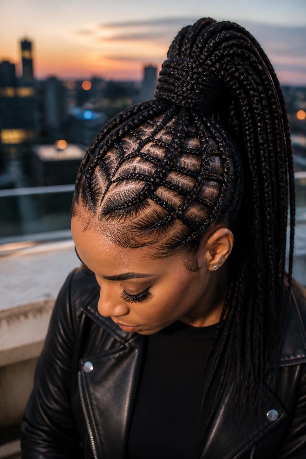 Portrait of a person with spiderweb cornrow braids leading to a high ponytail