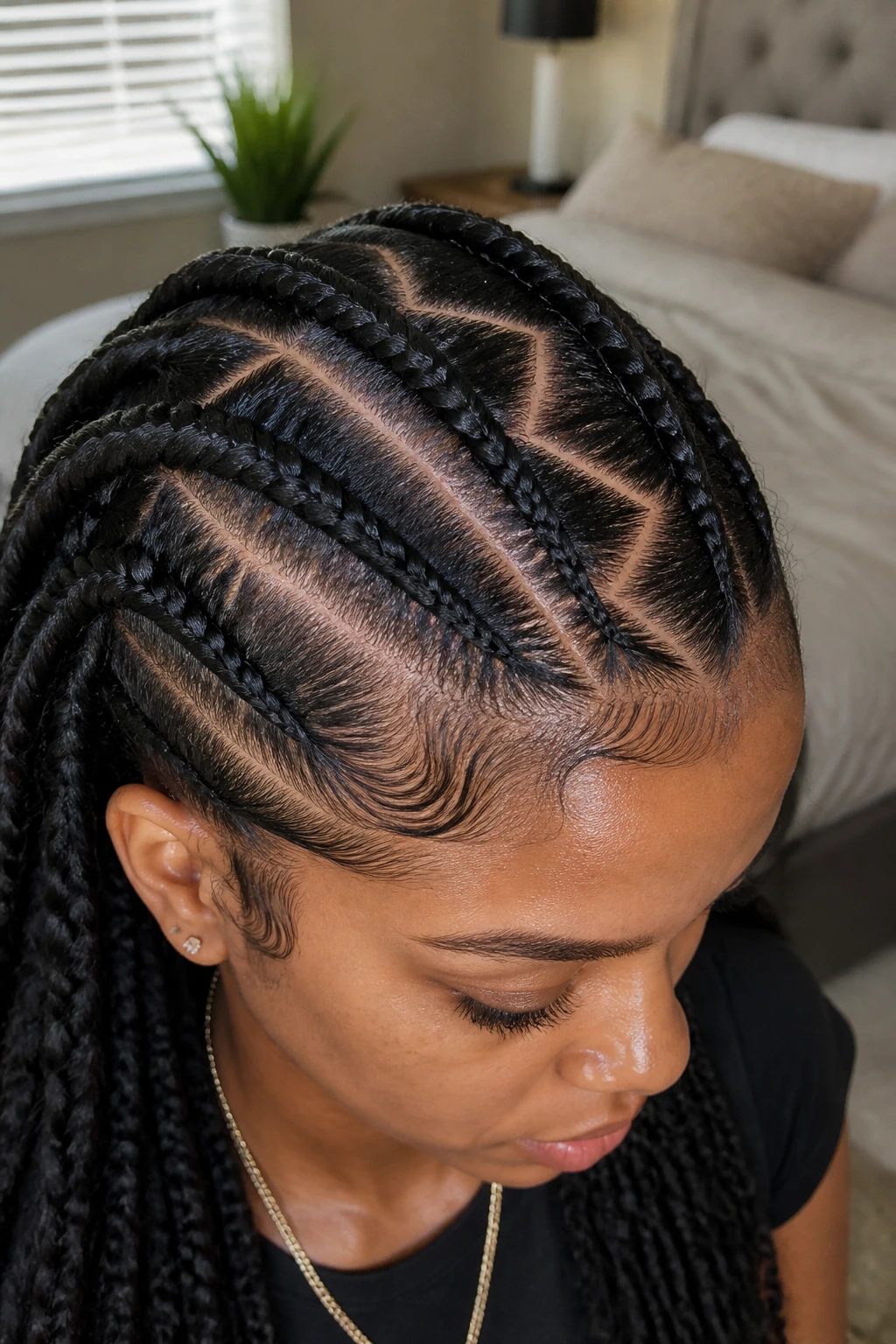 Close-up of a real woman with a spiderweb diagonal zig-zag part in hair.