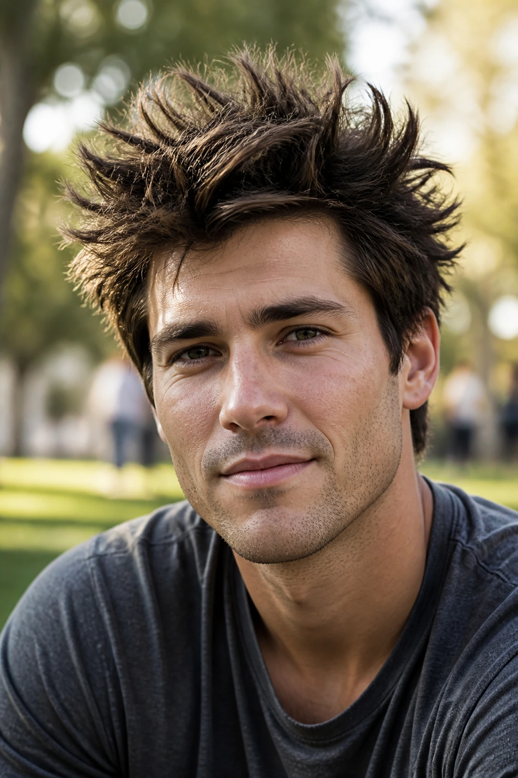 Close-up portrait of a man with thick hair styled into soft, irregular spikes outdoors in daylight.