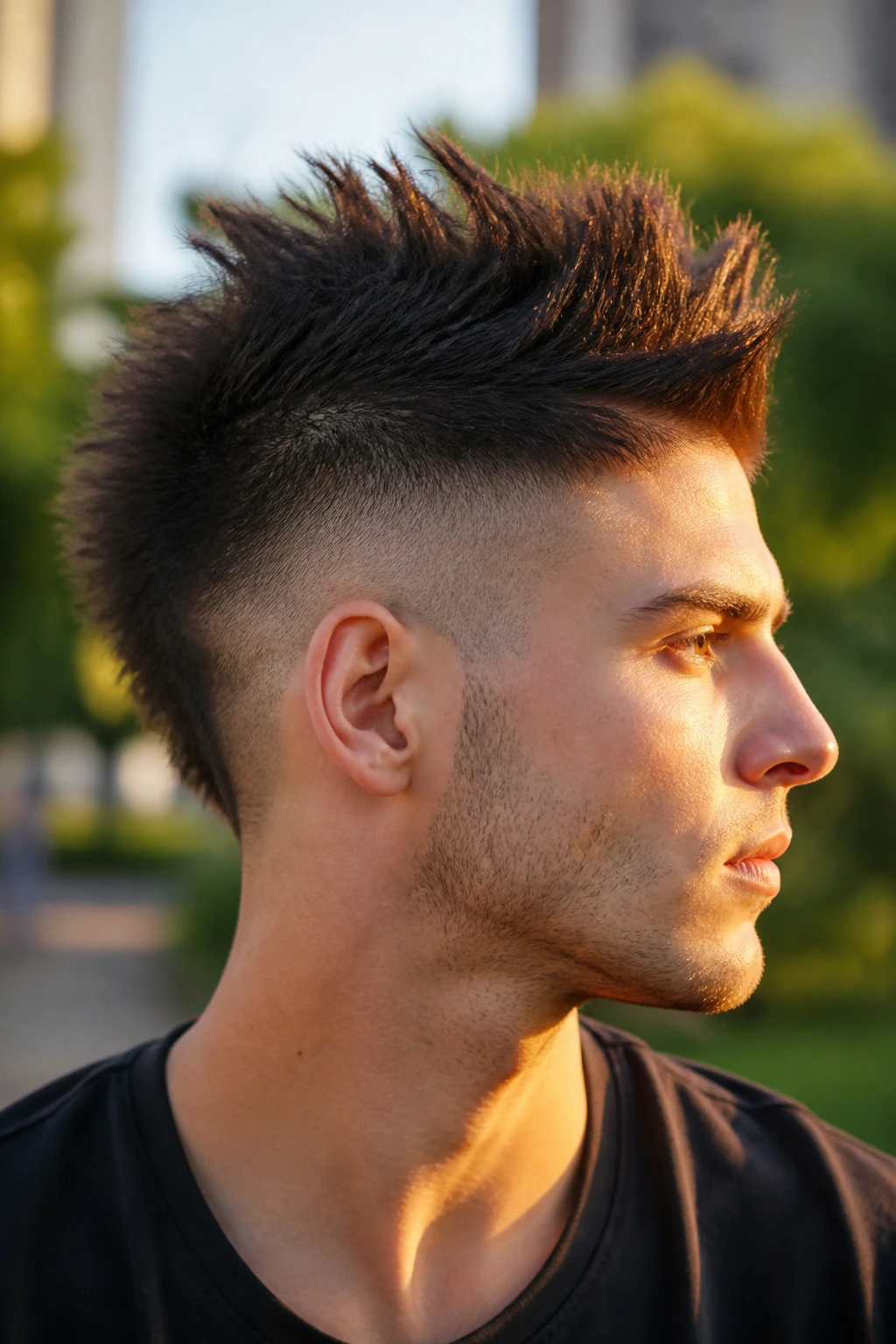 Portrait of a man with a spiky crown fohawk at the crown
