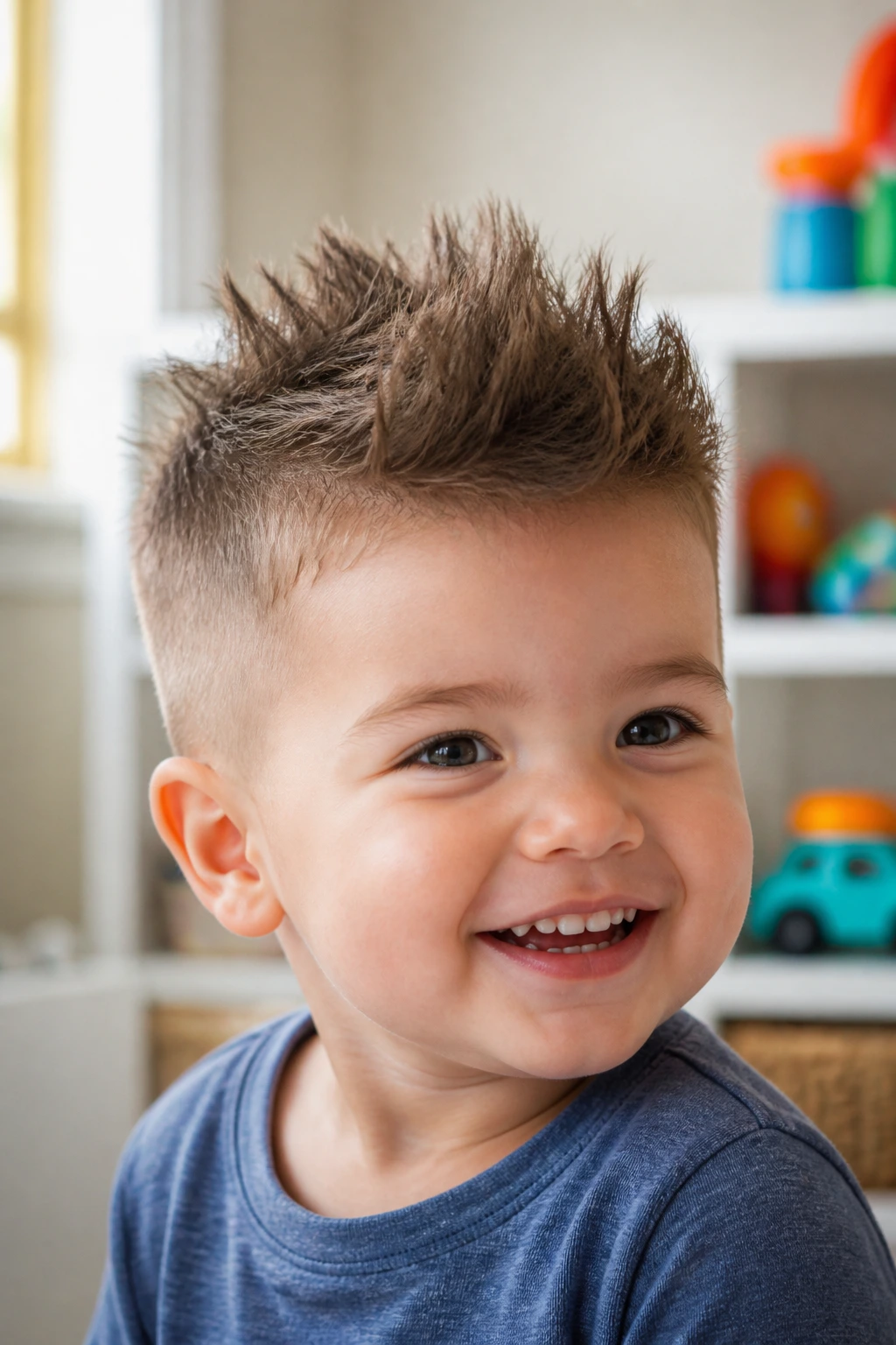 Close-up toddler with a spiky crown hairstyle in a bright playroom