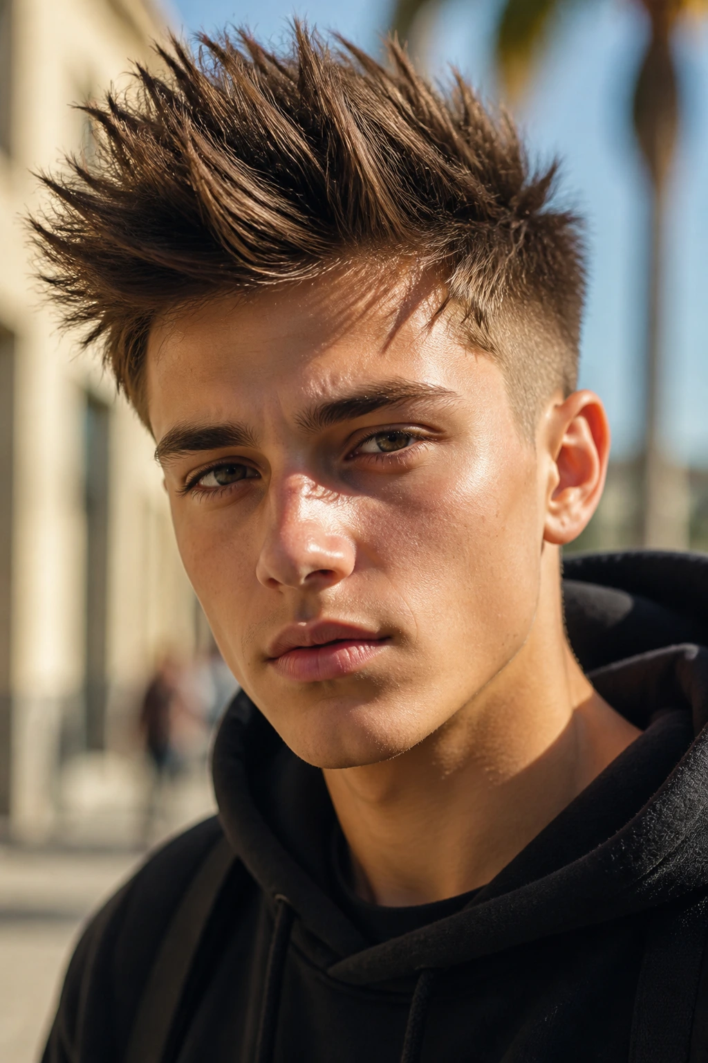 Teenage boy with spiky hairstyle on street portrait