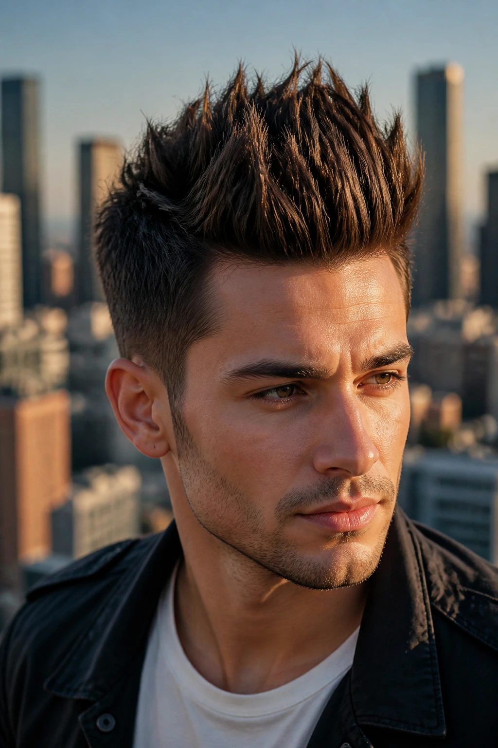 Close-up of a real person with a spiky pompadour and matte finish