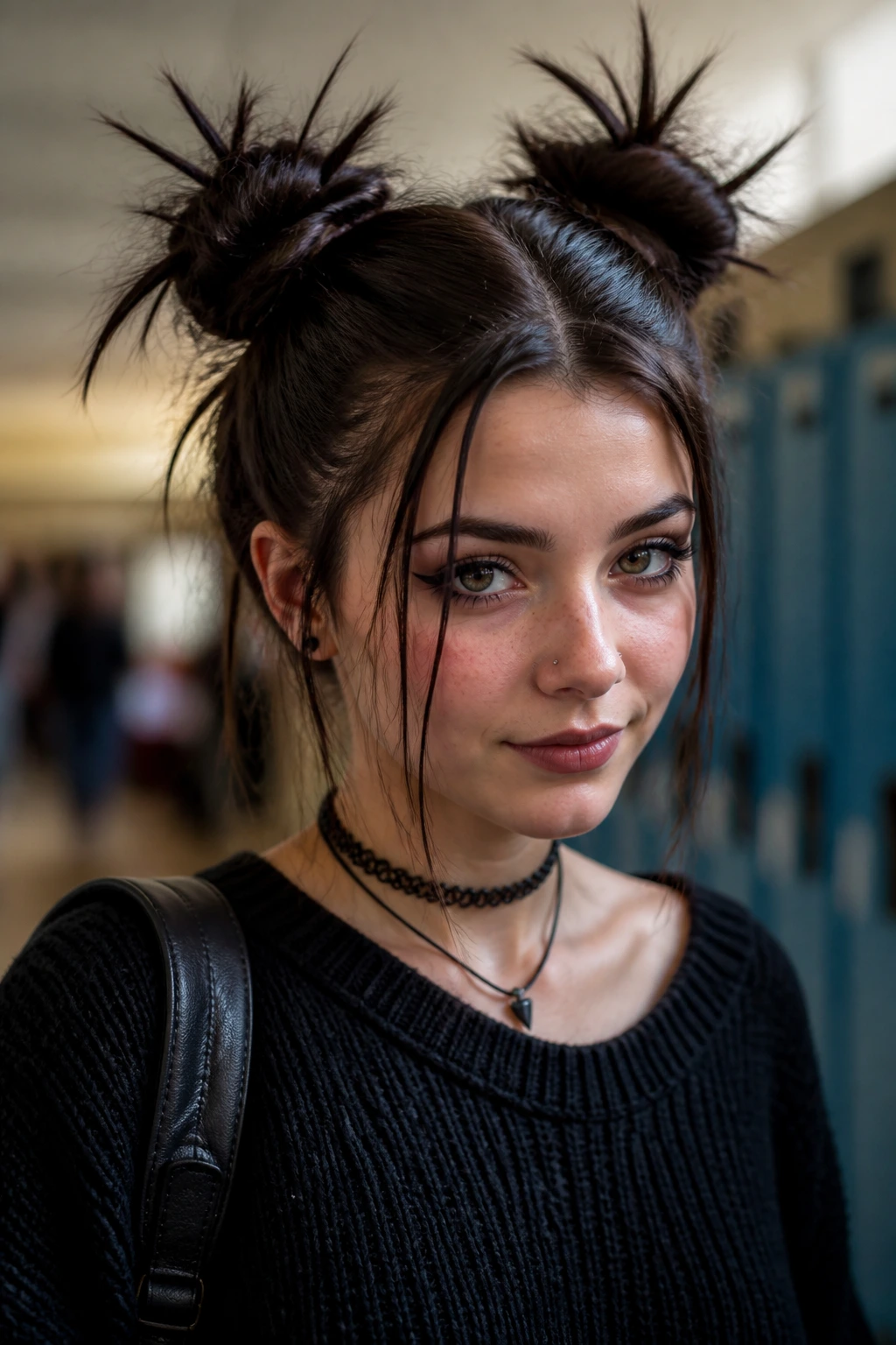 Close-up portrait of a real person with spiky space buns in a school hallway