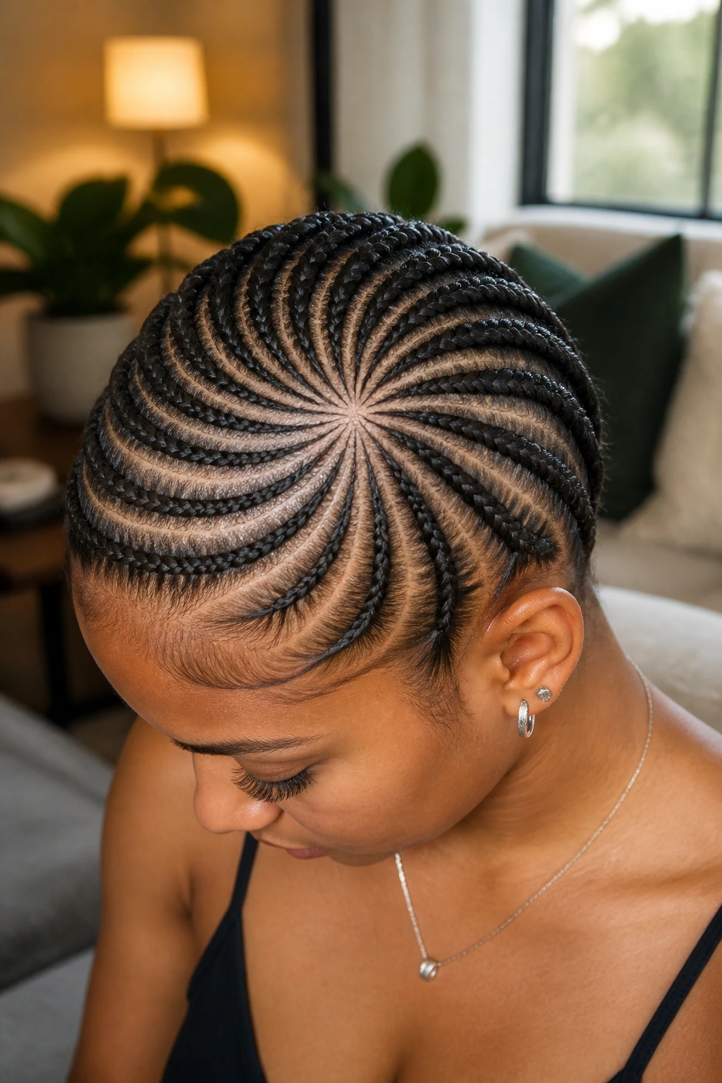 Close-up of a real person with spiral cornrows radiating from the crown