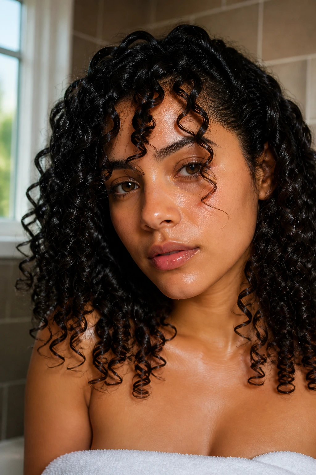 Close-up of a real woman with deep-conditioned spiral curls that look hydrated and glossy.