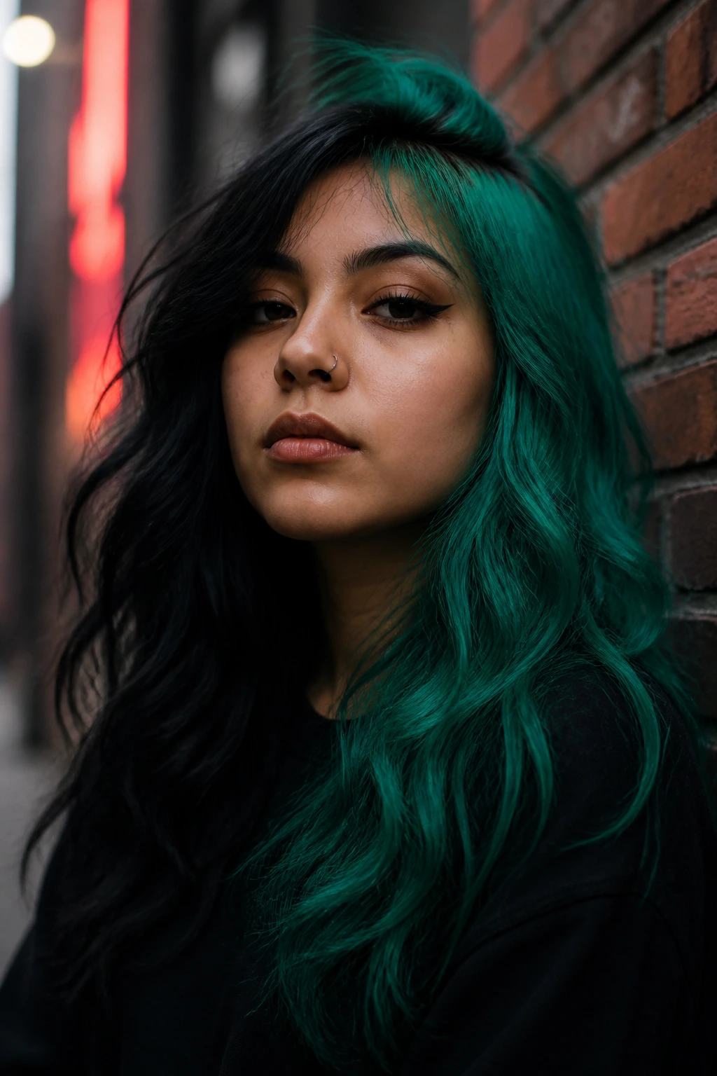 Close-up of Latina woman with two-tone split dye hair in a moody urban setting