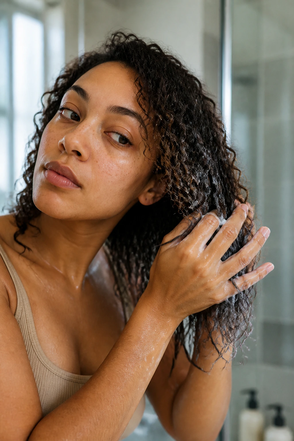 Close-up of a person performing squish to condish on curly hair