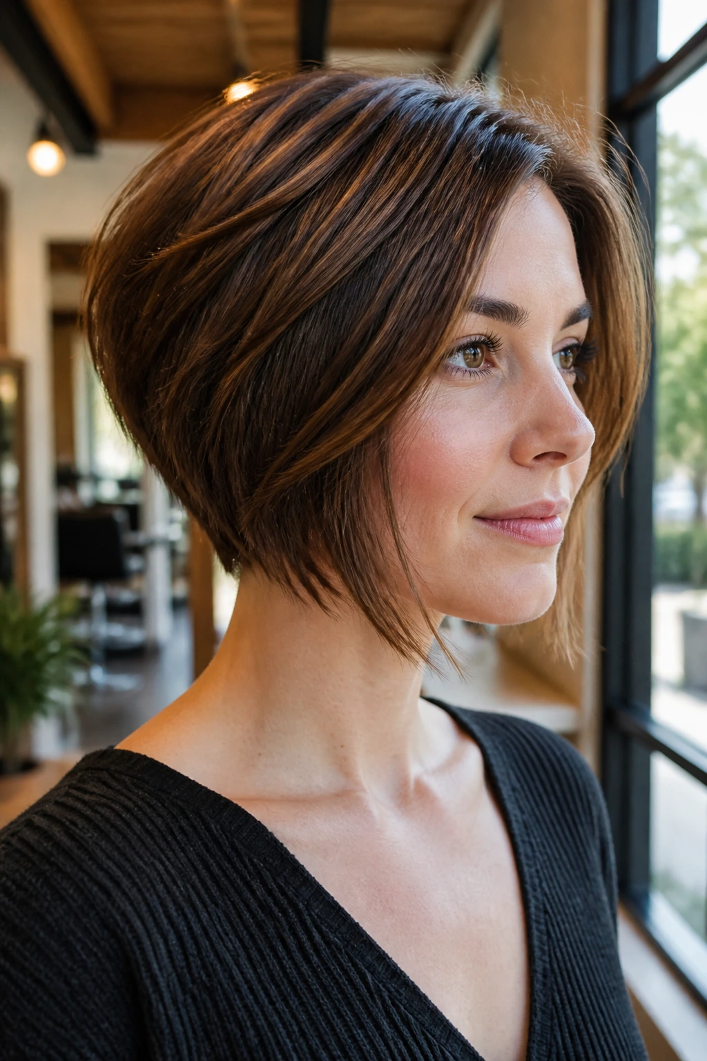 Close-up of a real woman with a stacked-back, choppy-front bob in a sunlit salon.