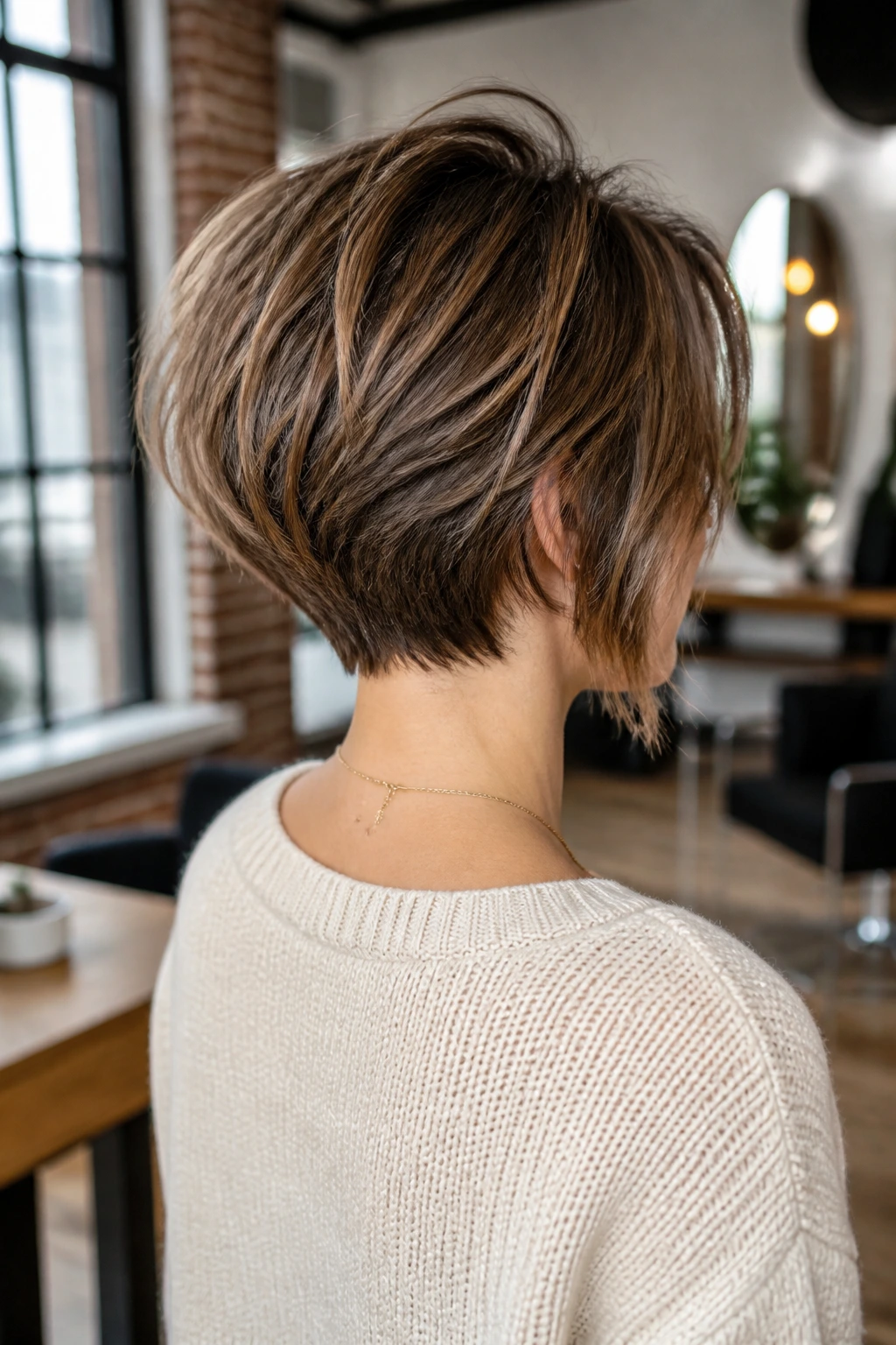 Back view of a woman with a textured stacked back bob showing crown height.