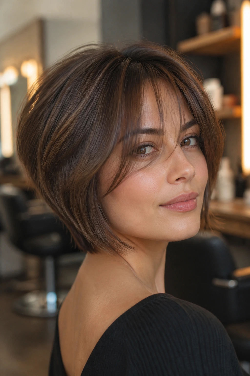 Close-up of a real woman with stacked bob and wispy curtain bangs in a warm salon setting.